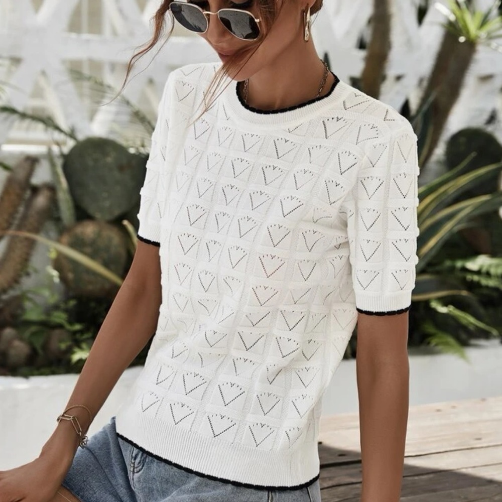 Heart shirt thin knit womens white shirt hollow cut-out womens top - Picture 2 of 4